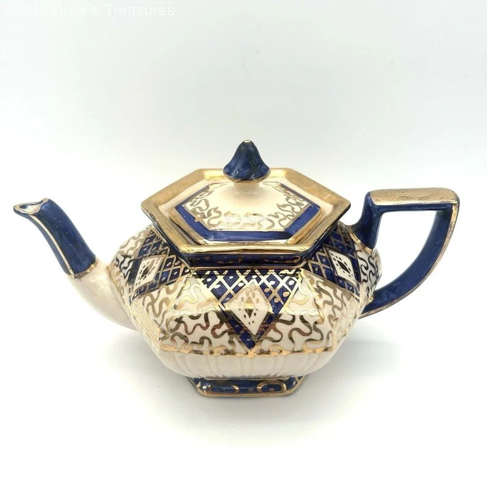 Vintage Imari Style Teapot Cobalt Blue and Gold Gilt Geometric Pattern 2 Piece